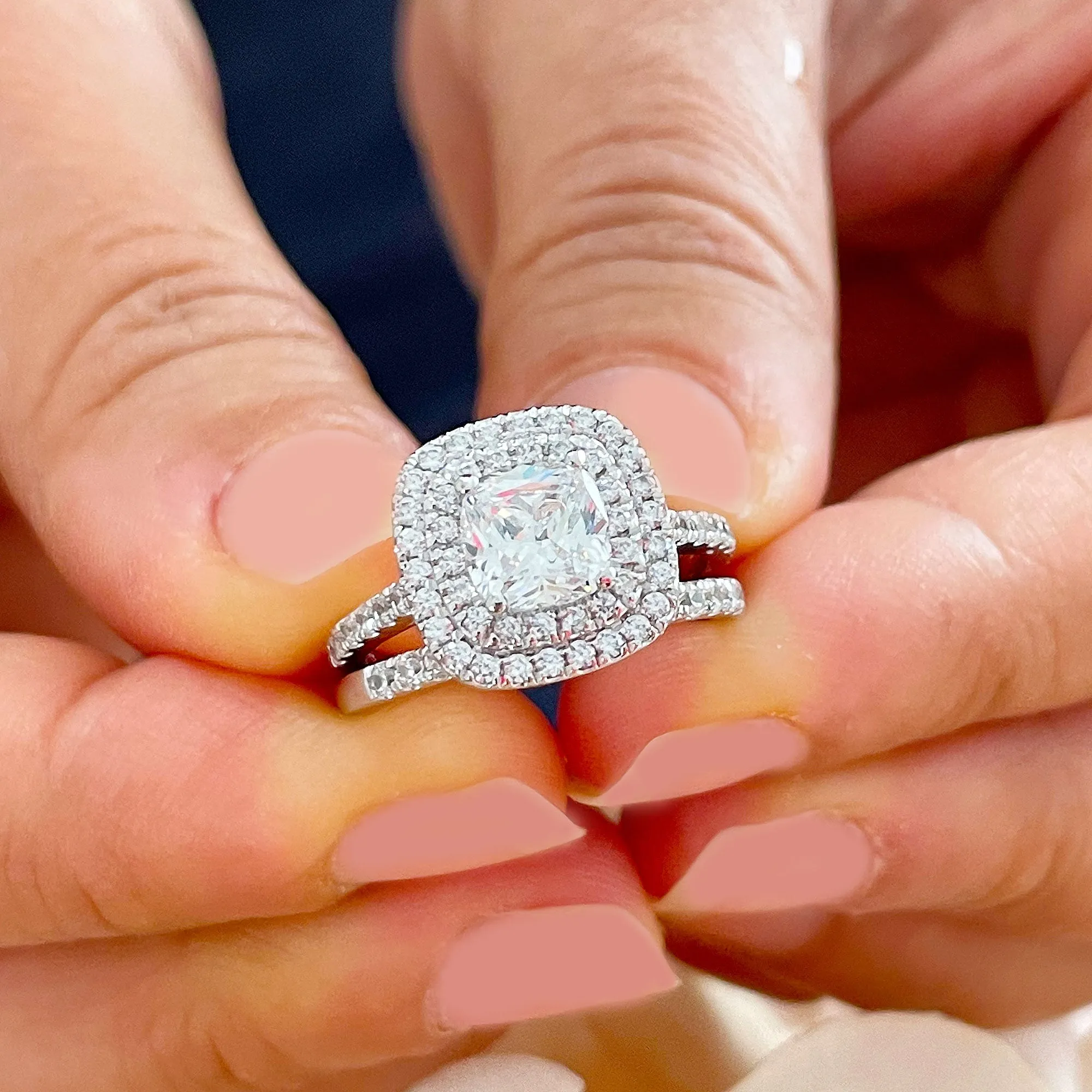14k solid white gold cushion cut diamond egagement ring and band art deco double halo natural diamonds bridal wedding set 1.60ctw