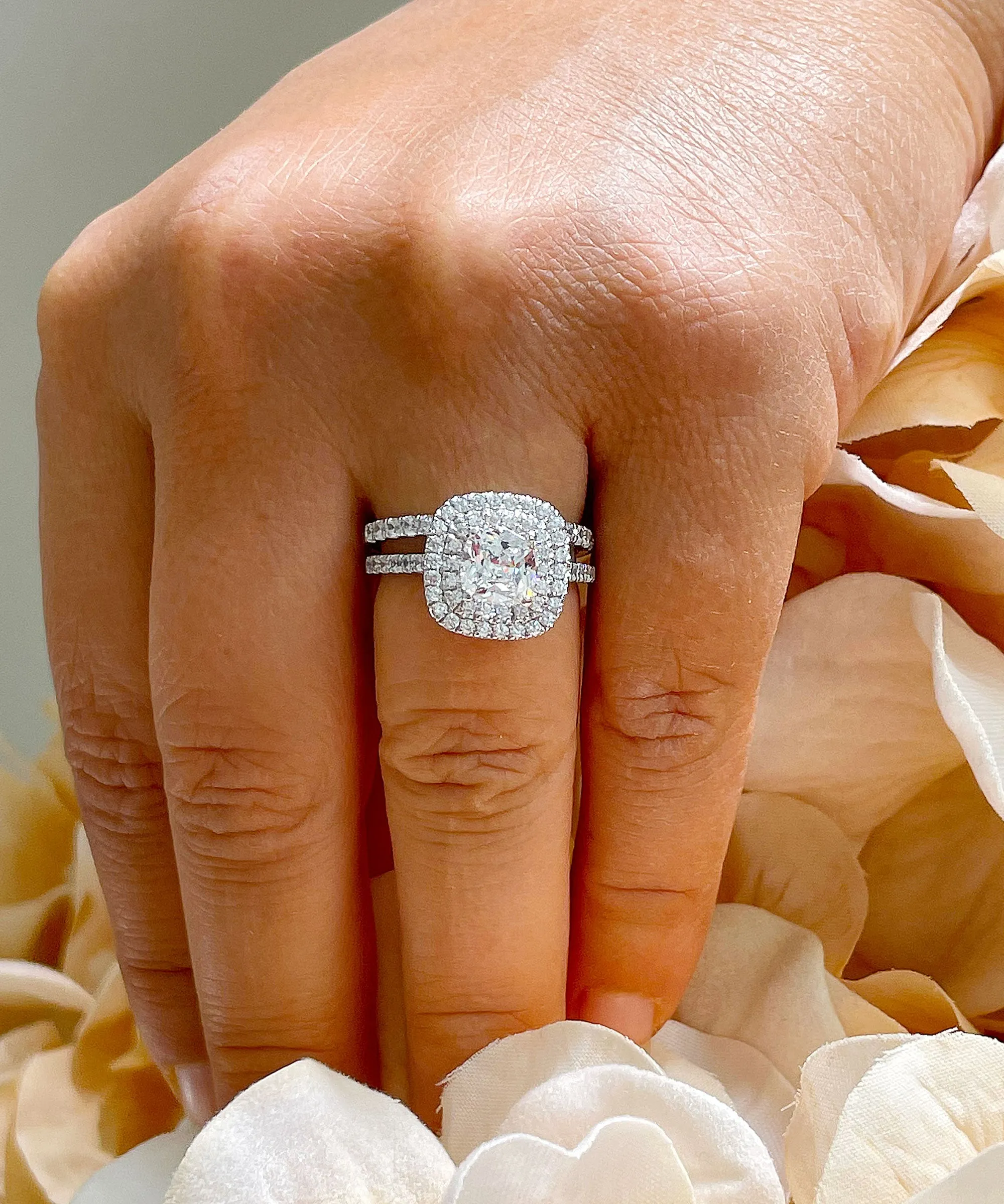14k solid white gold cushion cut diamond egagement ring and band art deco double halo natural diamonds bridal wedding set 1.60ctw