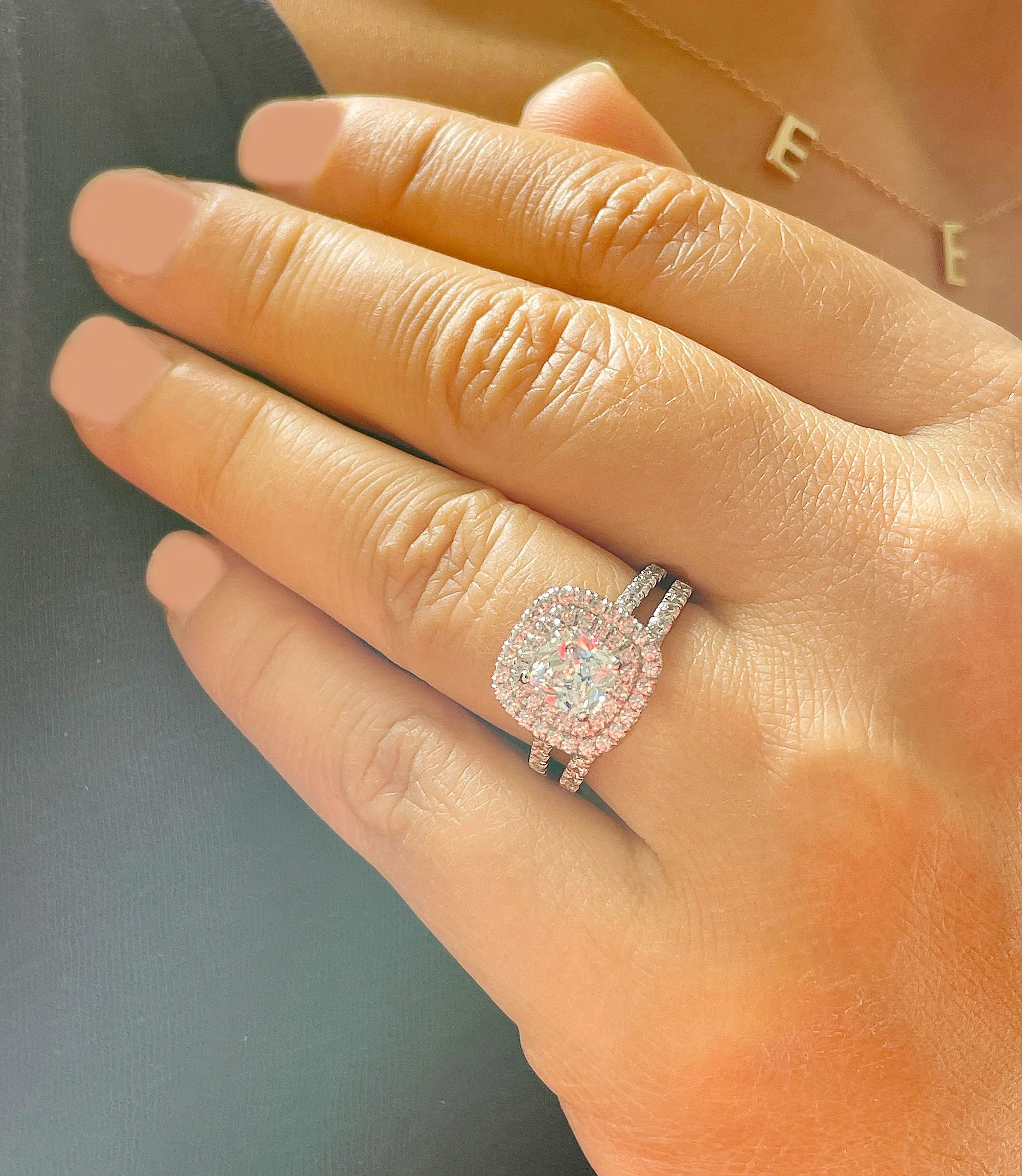14k solid white gold cushion cut diamond egagement ring and band art deco double halo natural diamonds bridal wedding set 1.60ctw