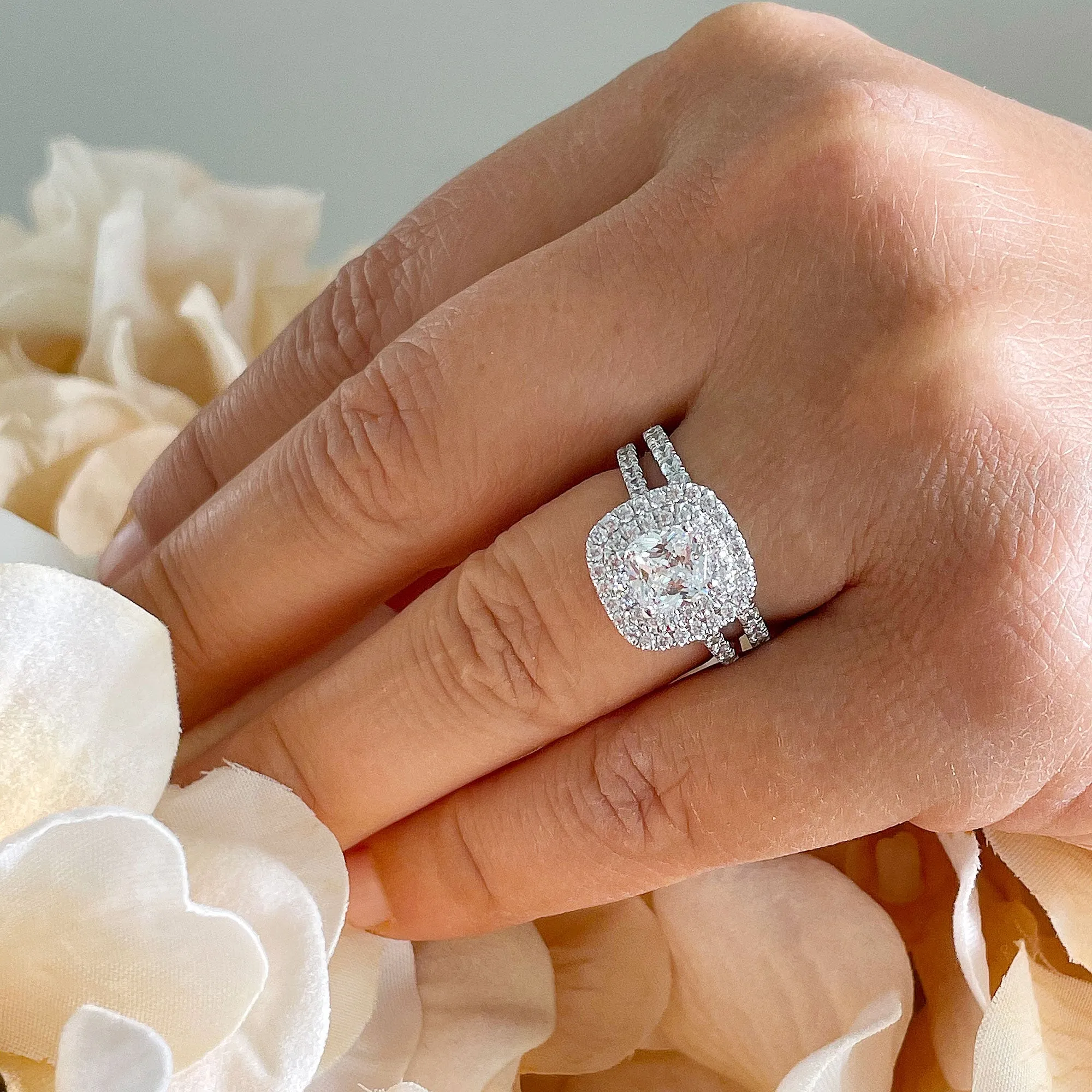 14k solid white gold cushion cut diamond egagement ring and band art deco double halo natural diamonds bridal wedding set 1.60ctw