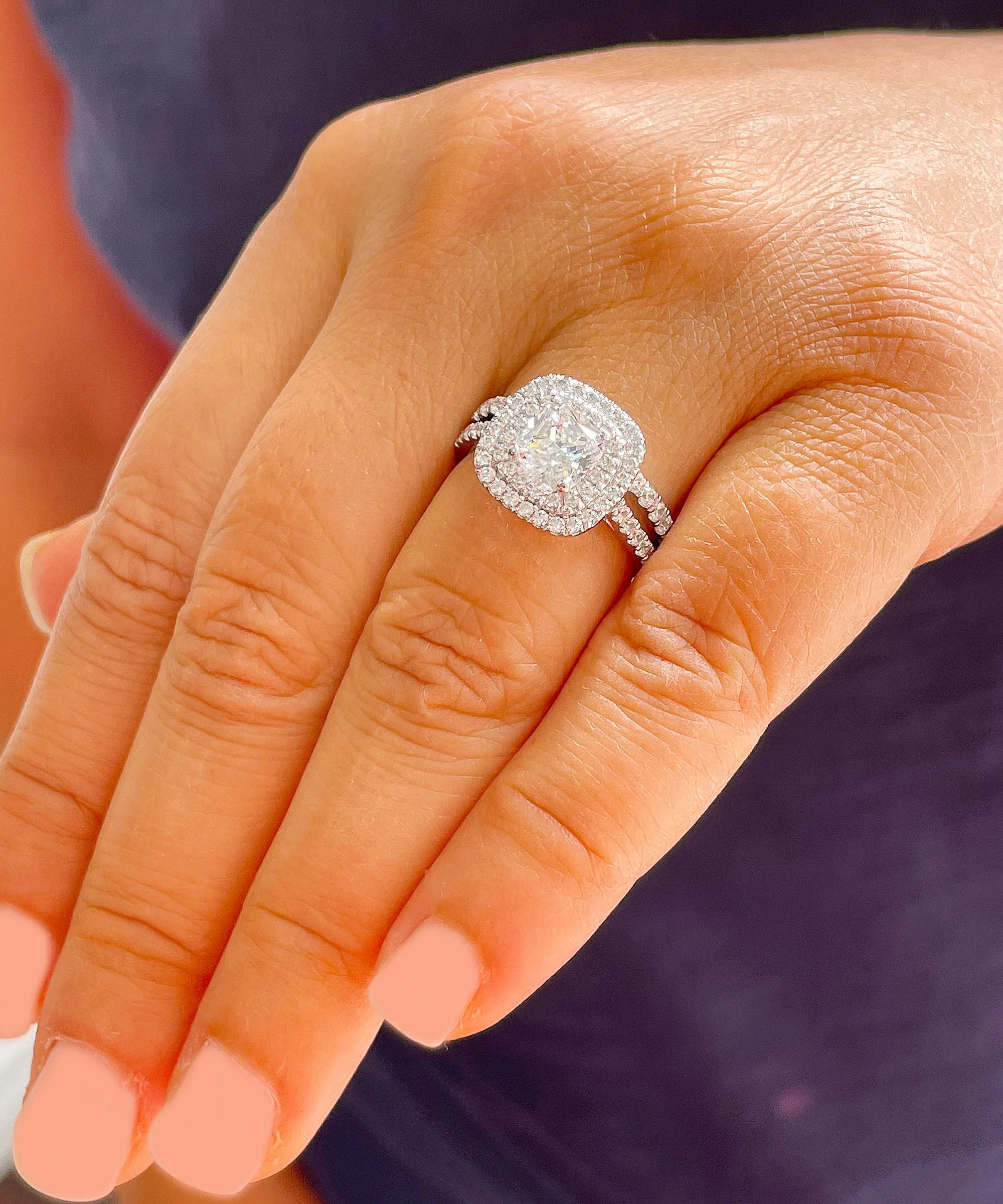 14k solid white gold cushion cut diamond egagement ring and band art deco double halo natural diamonds bridal wedding set 1.60ctw