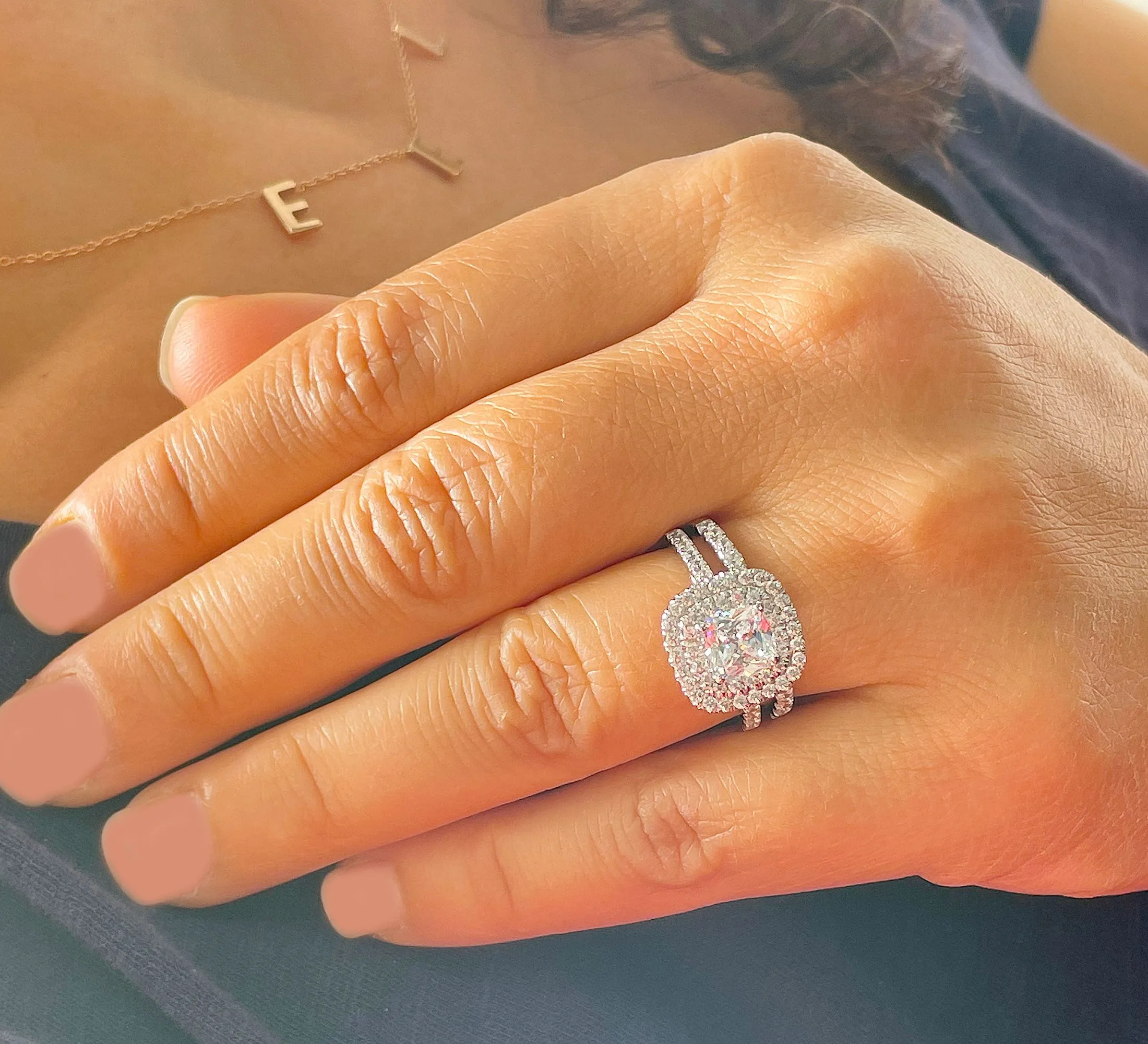 14k solid white gold cushion cut diamond egagement ring and band art deco double halo natural diamonds bridal wedding set 1.60ctw