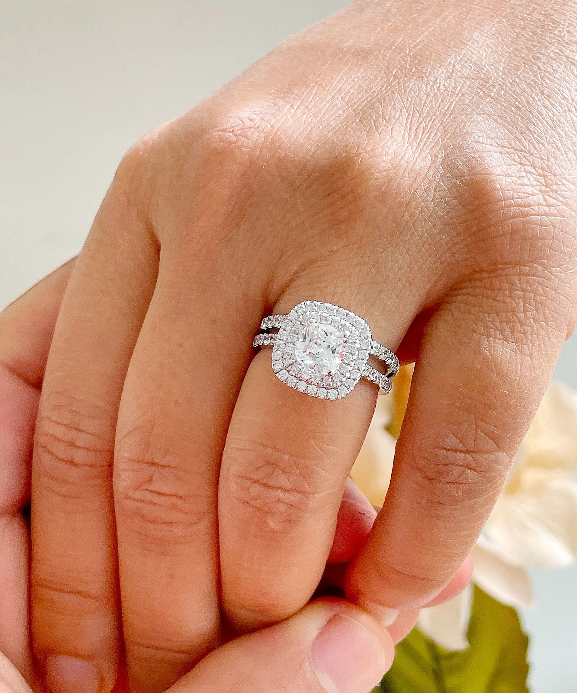 14k solid white gold cushion cut diamond egagement ring and band art deco double halo natural diamonds bridal wedding set 1.60ctw