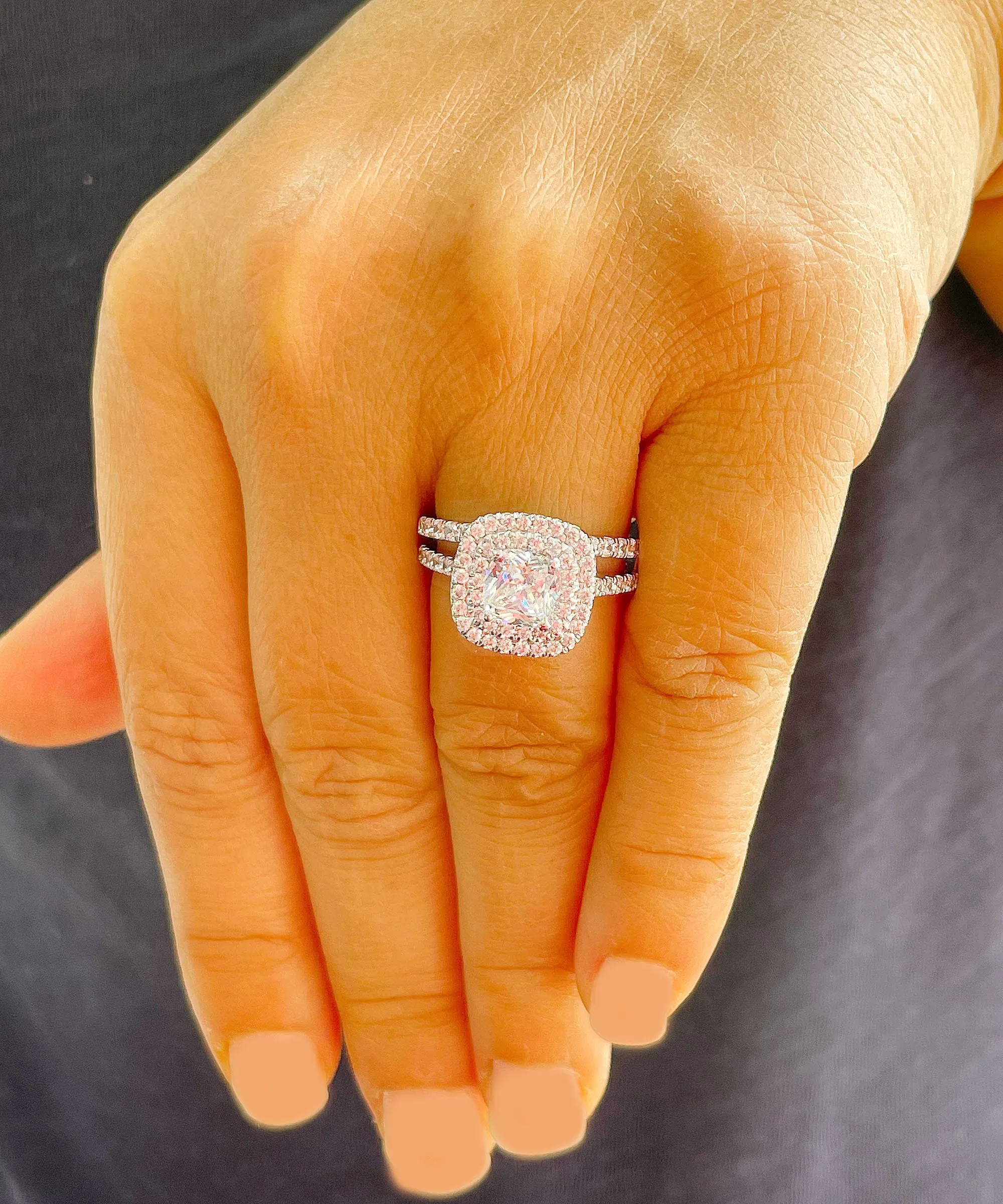 14k solid white gold cushion cut diamond egagement ring and band art deco double halo natural diamonds bridal wedding set 1.60ctw