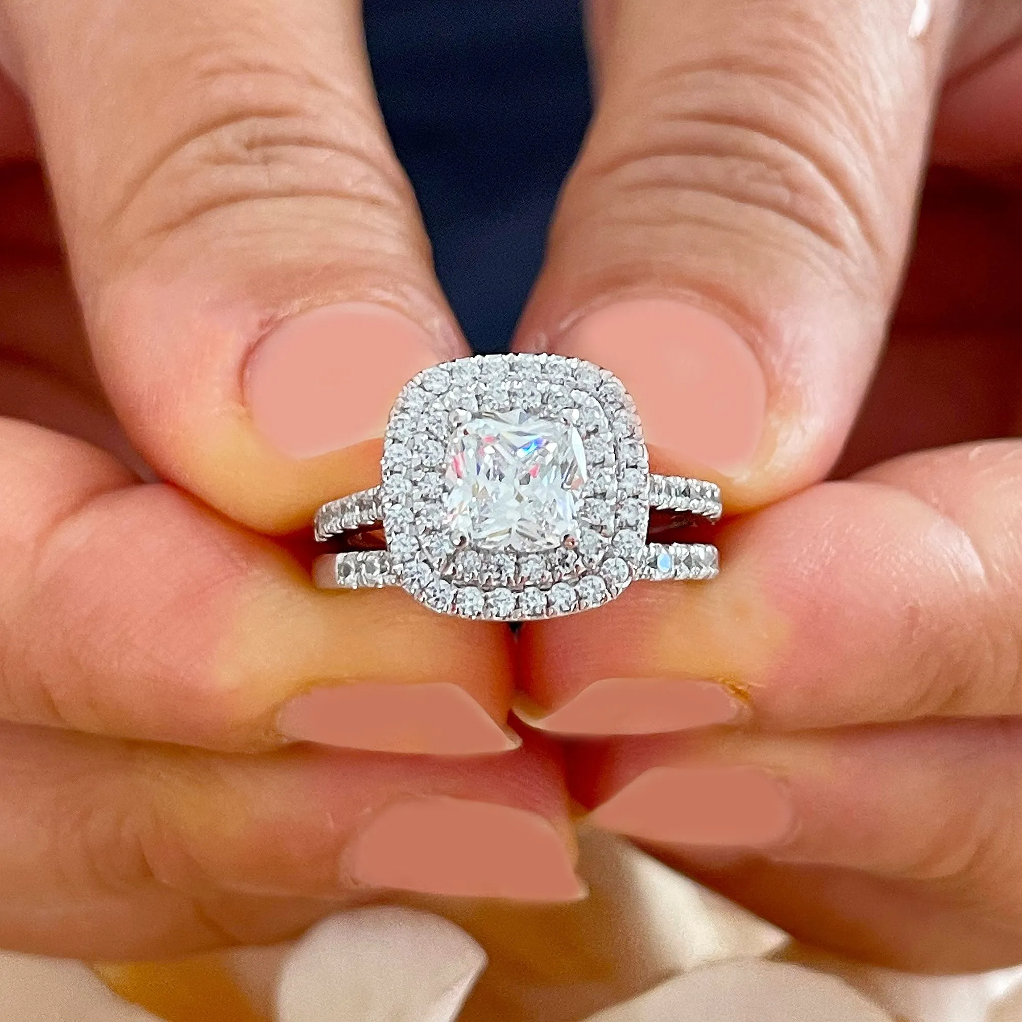 14k solid white gold cushion cut diamond egagement ring and band art deco double halo natural diamonds bridal wedding set 1.60ctw