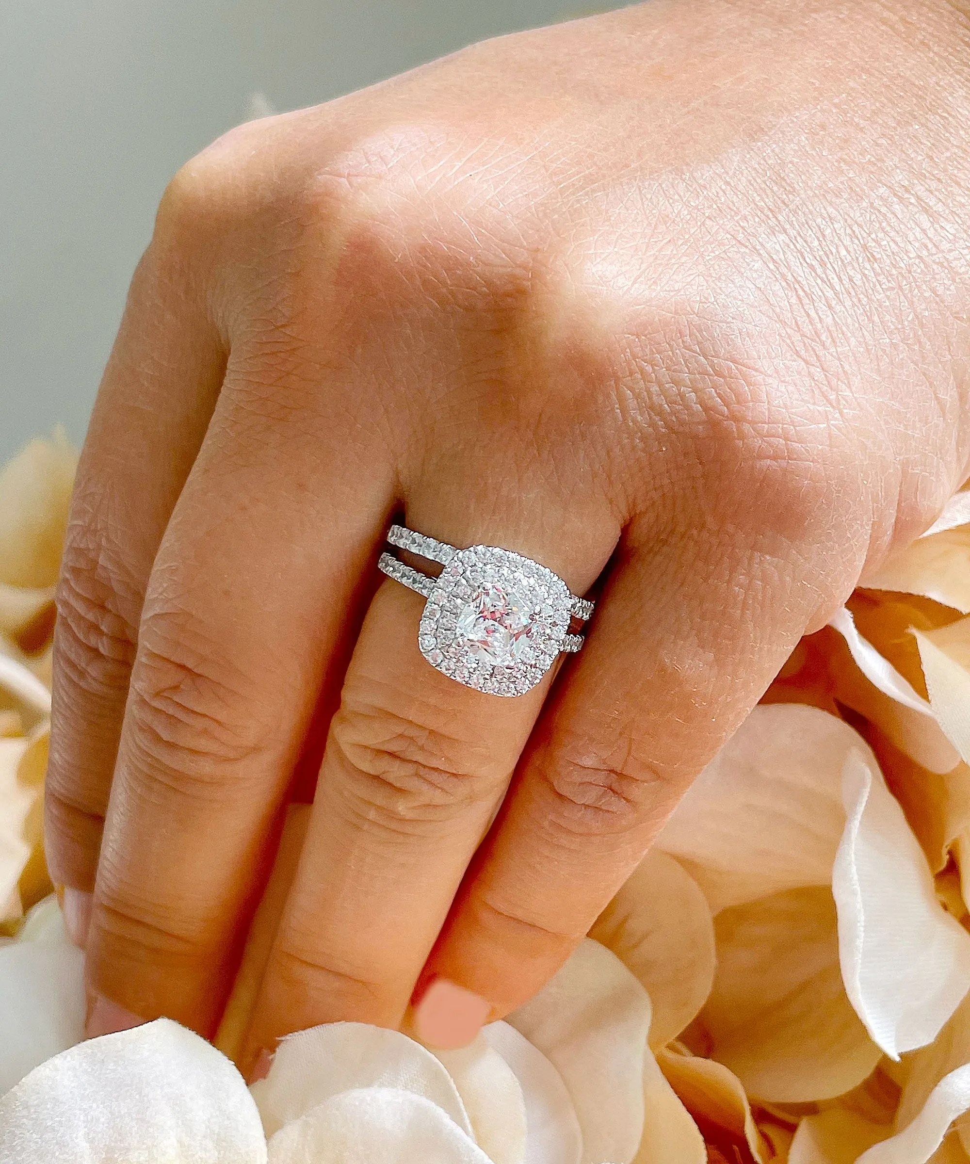 14k solid white gold cushion cut diamond egagement ring and band art deco double halo natural diamonds bridal wedding set 1.60ctw