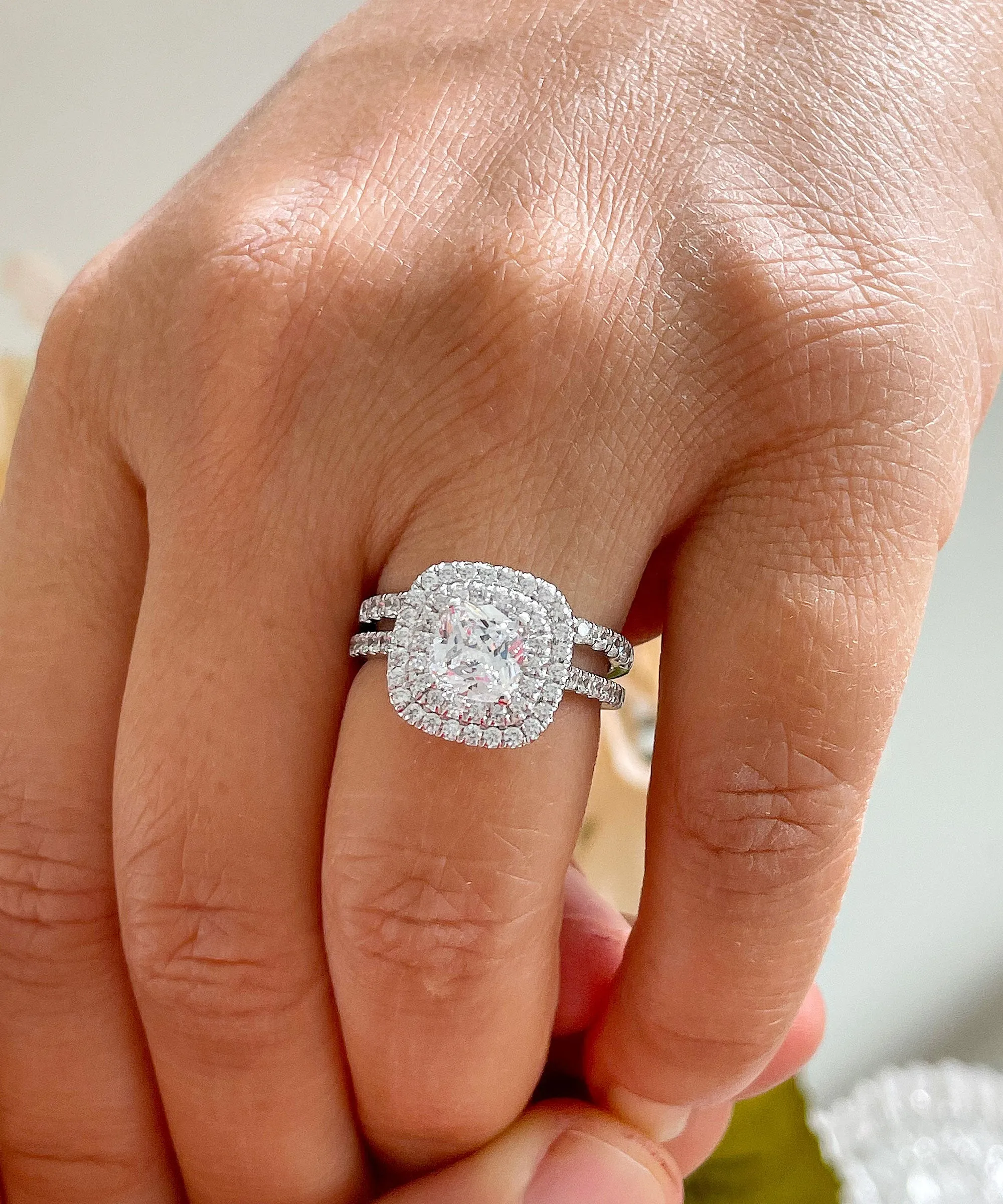 14k solid white gold cushion cut diamond egagement ring and band art deco double halo natural diamonds bridal wedding set 1.60ctw