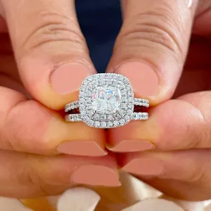 14k solid white gold cushion cut diamond egagement ring and band art deco double halo natural diamonds bridal wedding set 1.60ctw