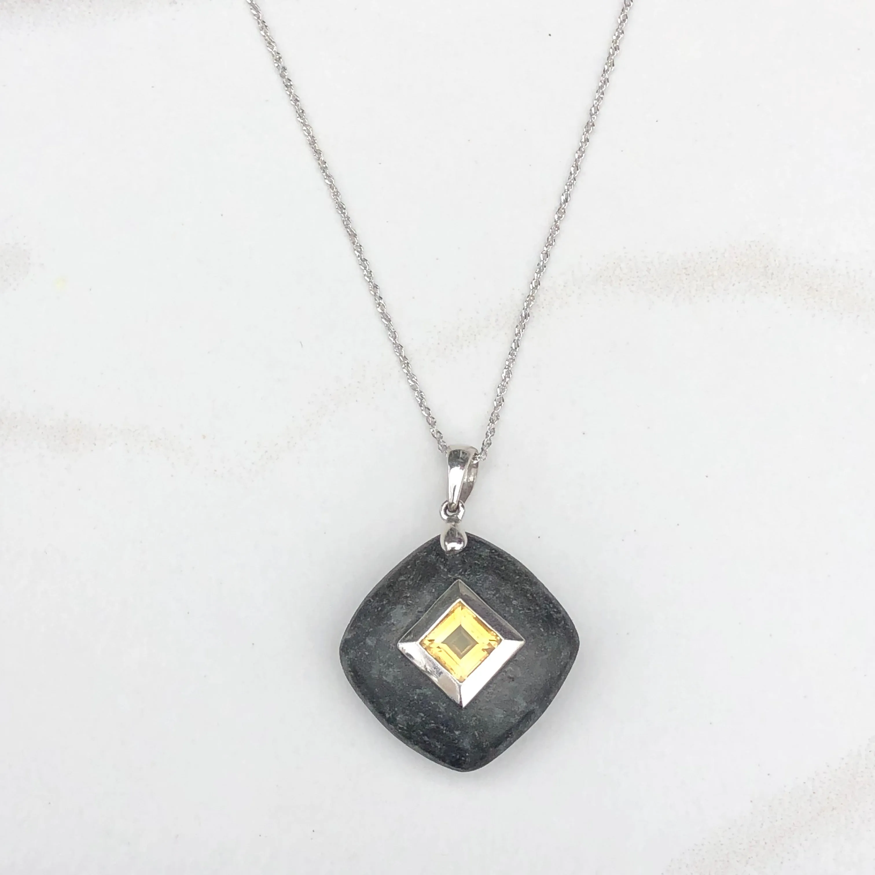 14KT White Gold Black Gray Stone   Citrine Pendant