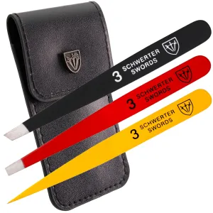 3 Swords Germany – brand quality professional stainless steel precision tweezer set “GERMANY”, slanted, straight, pointed eyebrows hair, synthetic leather case, manicure pedicure by 3 Swords (005342)