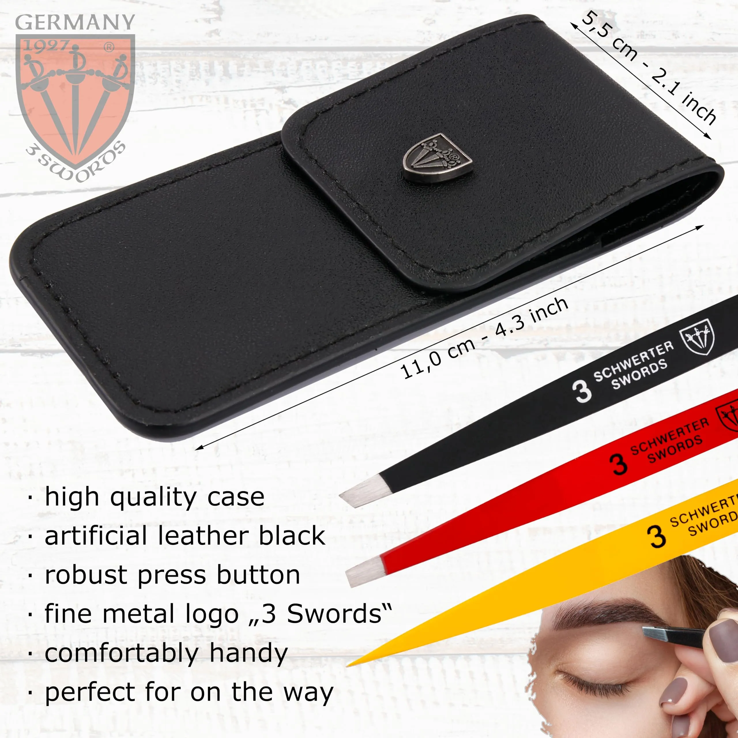 3 Swords Germany – brand quality professional stainless steel precision tweezer set “GERMANY”, slanted, straight, pointed eyebrows hair, synthetic leather case, manicure pedicure by 3 Swords (005342)