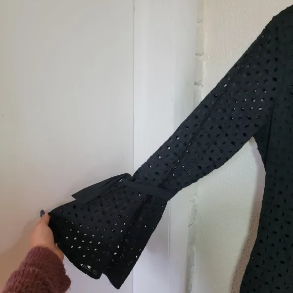 Anthro Avec Les Filles Eyelet Cutout Back Bell Sleeve Mini Dress sz L Black