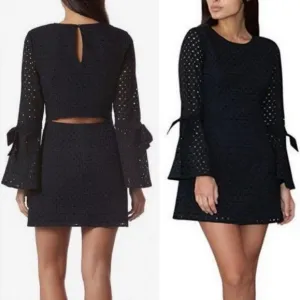 Anthro Avec Les Filles Eyelet Cutout Back Bell Sleeve Mini Dress sz L Black