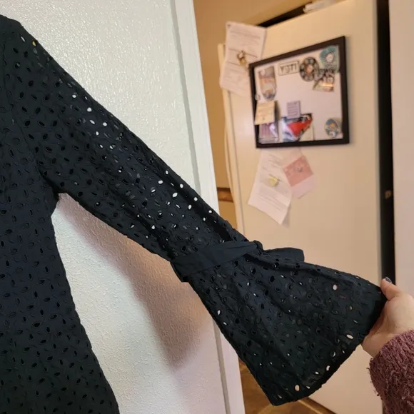 Anthro Avec Les Filles Eyelet Cutout Back Bell Sleeve Mini Dress sz L Black