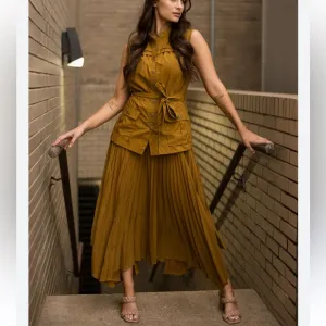 Anthropologie Small Mustard Yellow Pleated Sleeveless Vested Dress