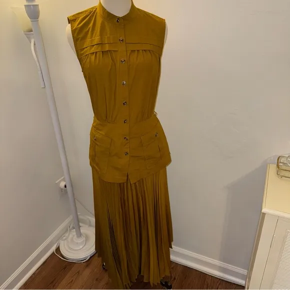 Anthropologie Small Mustard Yellow Pleated Sleeveless Vested Dress