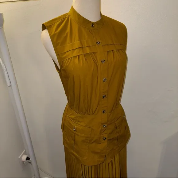 Anthropologie Small Mustard Yellow Pleated Sleeveless Vested Dress
