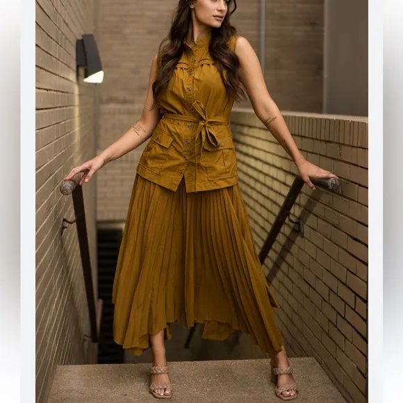 Anthropologie Small Mustard Yellow Pleated Sleeveless Vested Dress