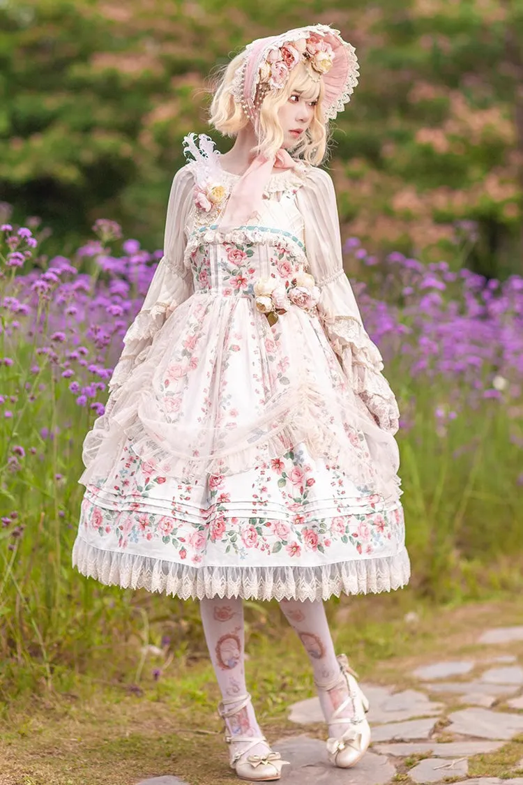 Apricot Rose Morning Dew Print Sweet Elegant Lolita Jsk Dress