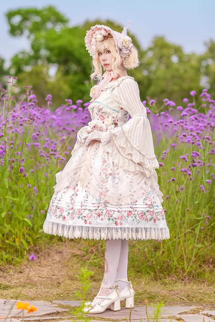 Apricot Rose Morning Dew Print Sweet Elegant Lolita Jsk Dress