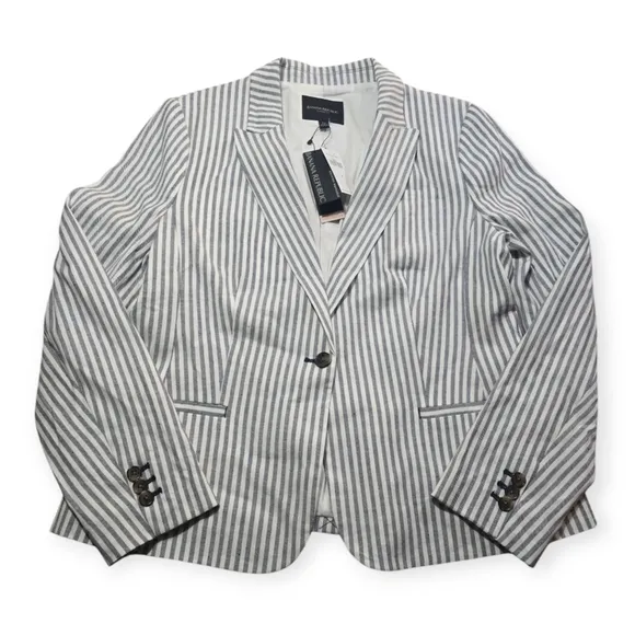 Banana Republic Women's Classic Fit Linen Cotton Blazer Navy &amp; White 14 NEW
