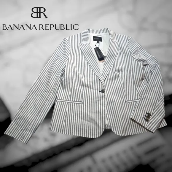 Banana Republic Women's Classic Fit Linen Cotton Blazer Navy &amp; White 14 NEW