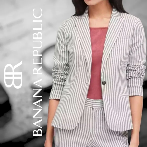 Banana Republic Women's Classic Fit Linen Cotton Blazer Navy &amp; White 14 NEW