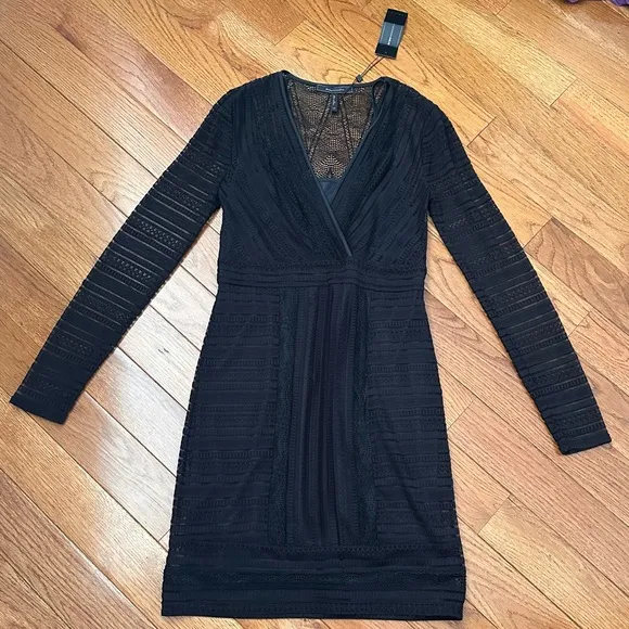 BCBGMAXAZRIA Mixed Lace Faux Wrap Dress