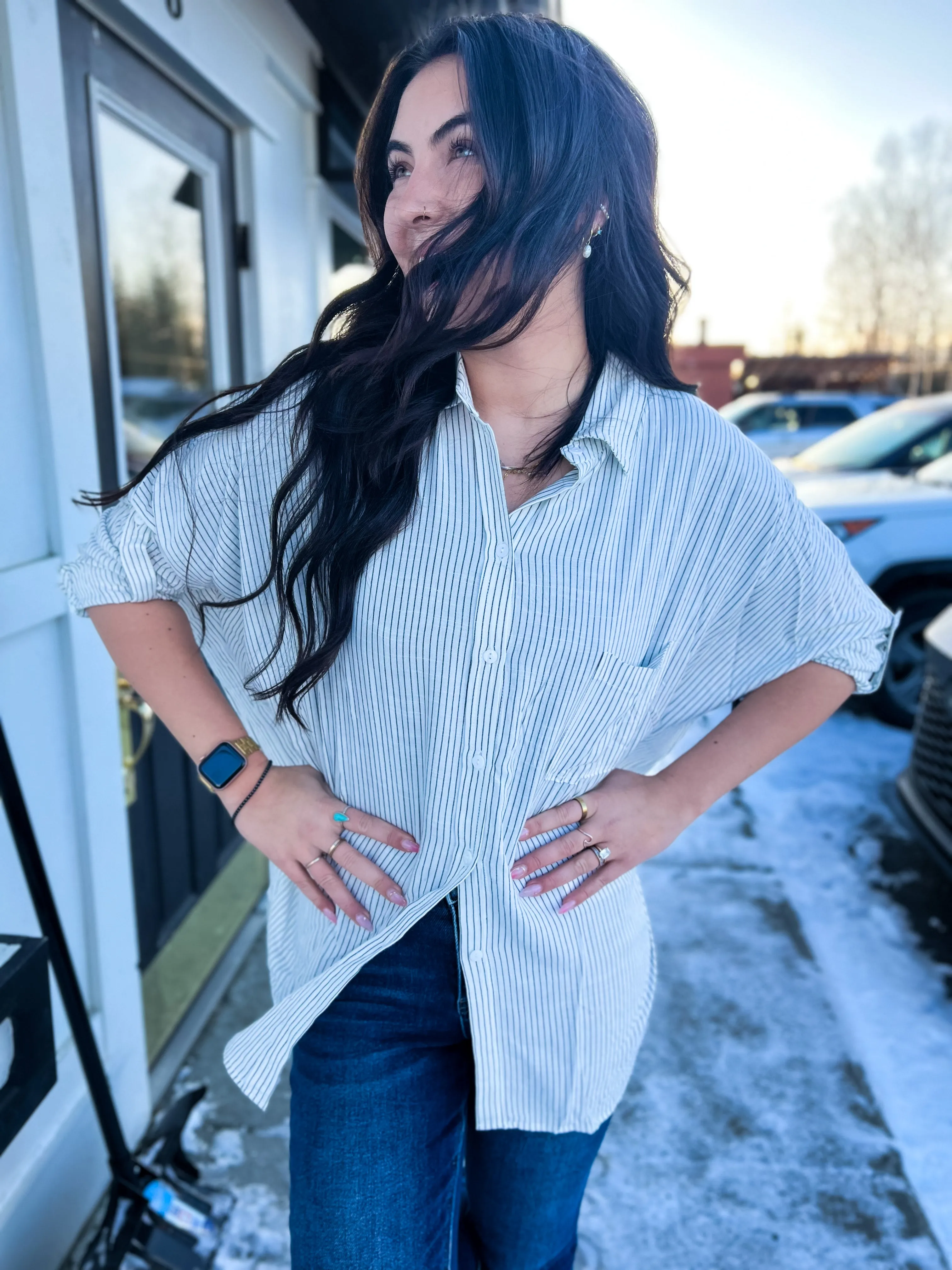 Bethany Oversized Stripe Button Down- White/BLK