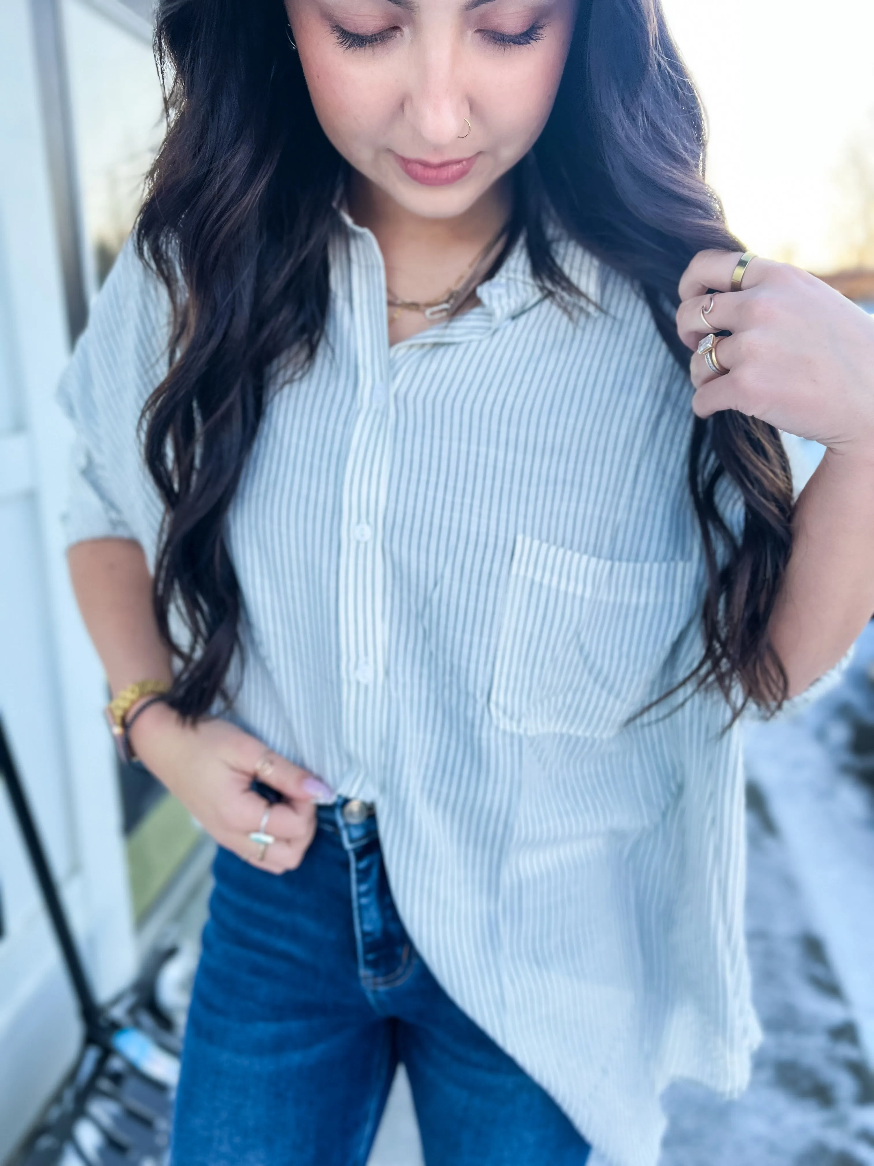Bethany Oversized Stripe Button Down- White/BLK