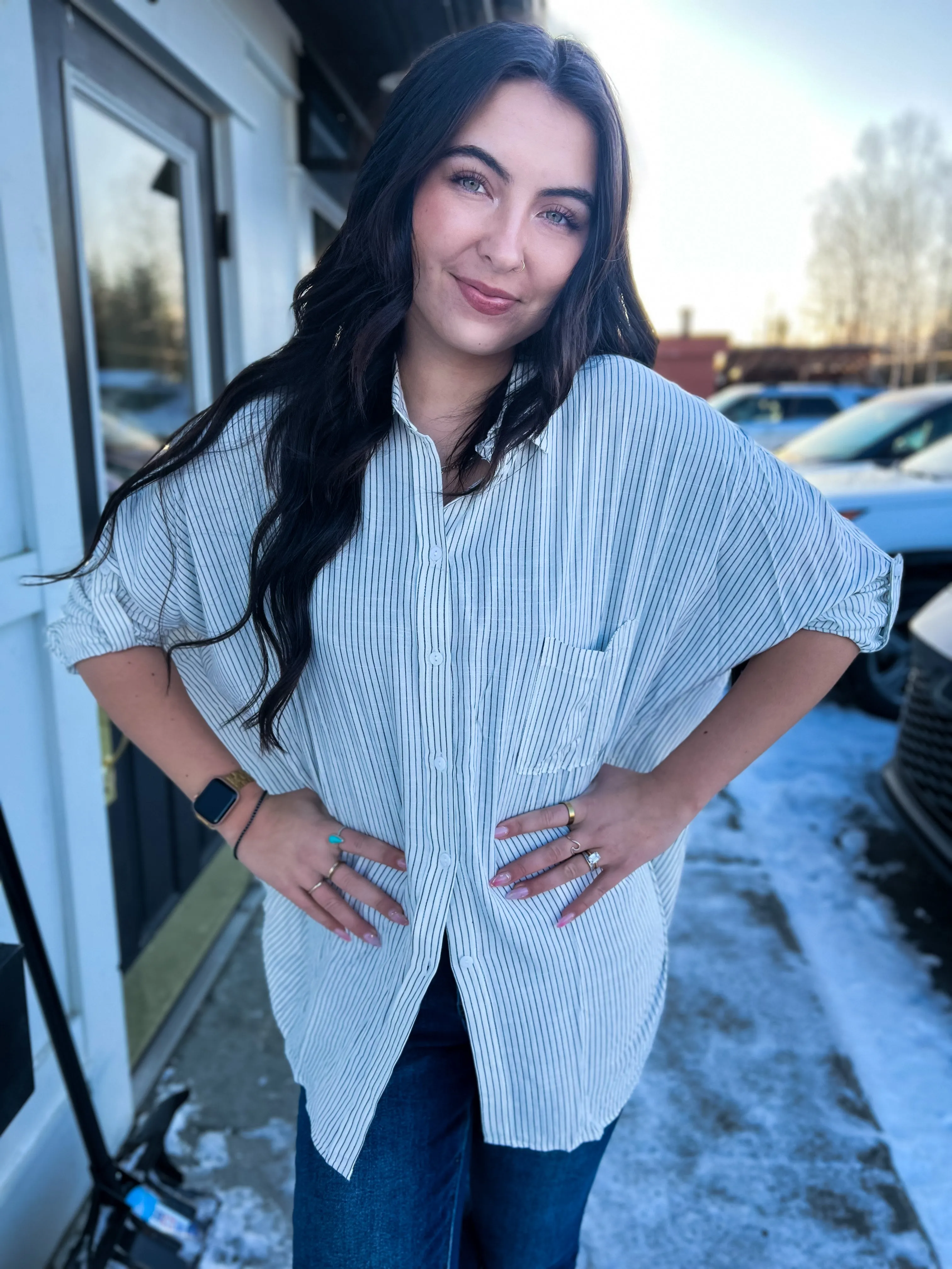 Bethany Oversized Stripe Button Down- White/BLK