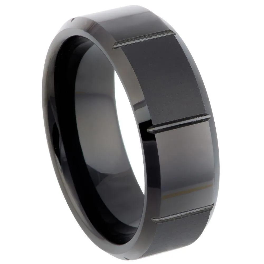 Black IP Plated Alternating Matte & Shiny Blocks Beveled Edge - 8mm