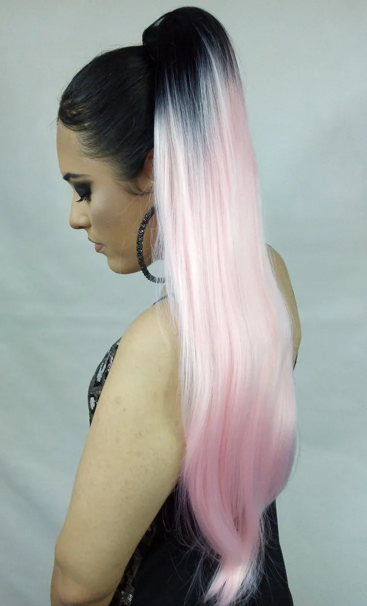 Black to pink ombre straight ponytail