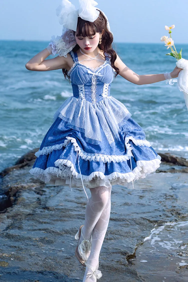 Blue Landing Drawstring Pull Up Hem Elegant Sweet Lolita Dress