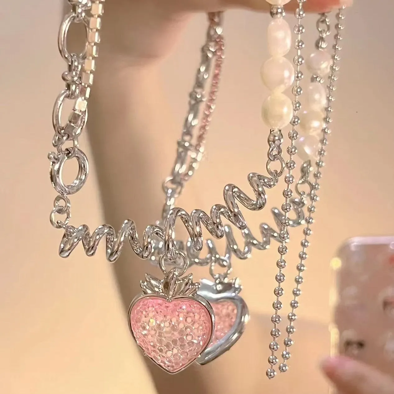 Chic CZ Inlaid Pink Strawberry Pendant Pearl Chain Choker Necklace