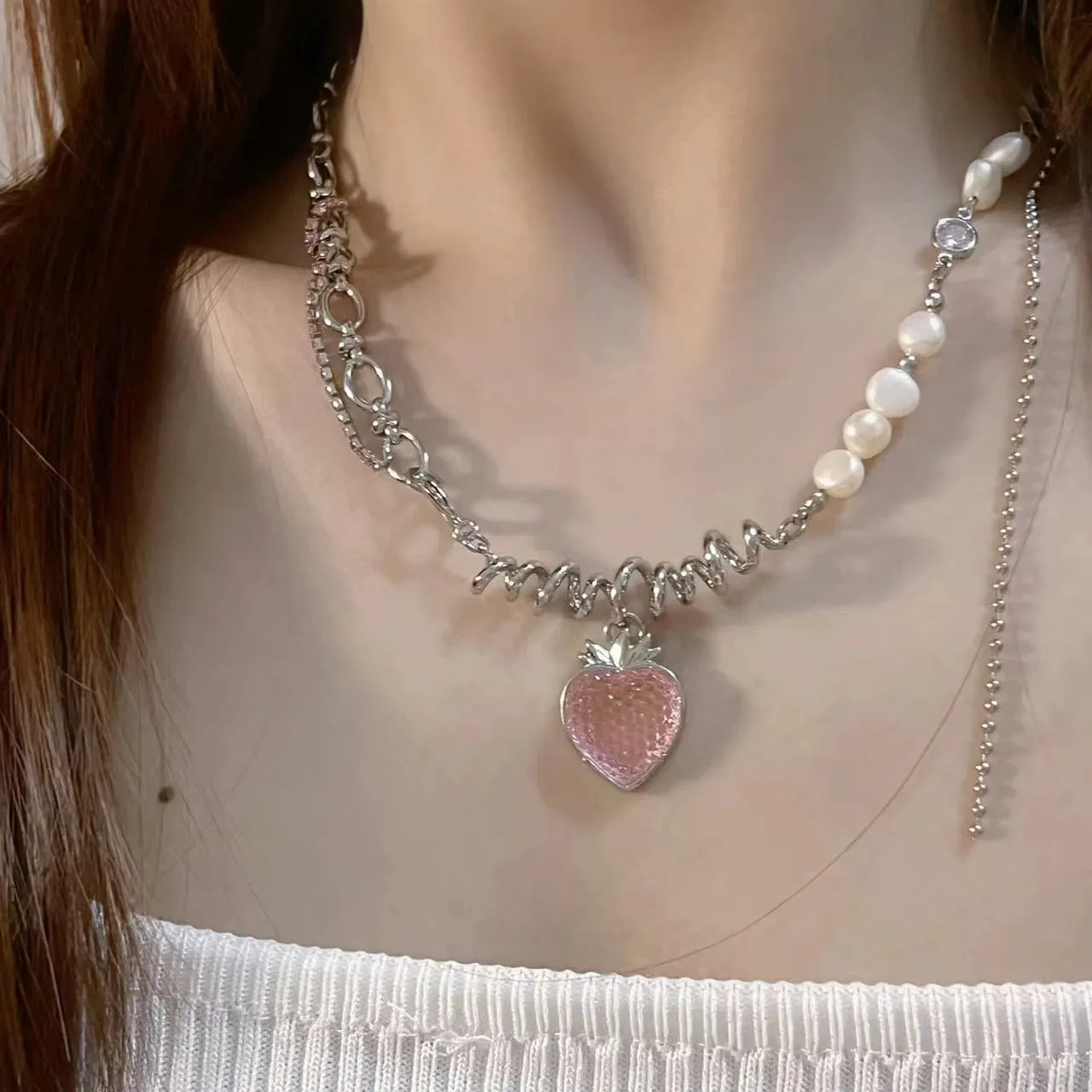 Chic CZ Inlaid Pink Strawberry Pendant Pearl Chain Choker Necklace