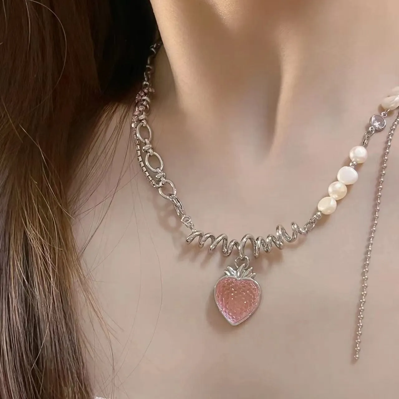 Chic CZ Inlaid Pink Strawberry Pendant Pearl Chain Choker Necklace