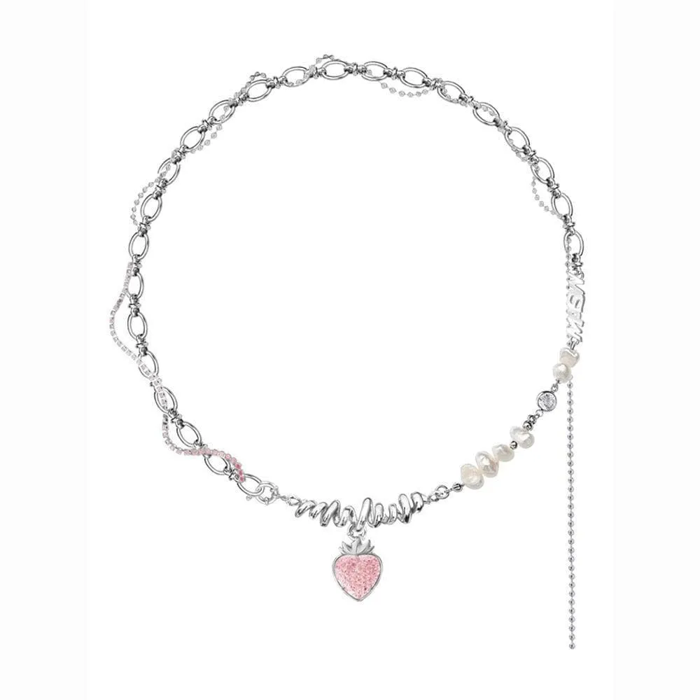 Chic CZ Inlaid Pink Strawberry Pendant Pearl Chain Choker Necklace