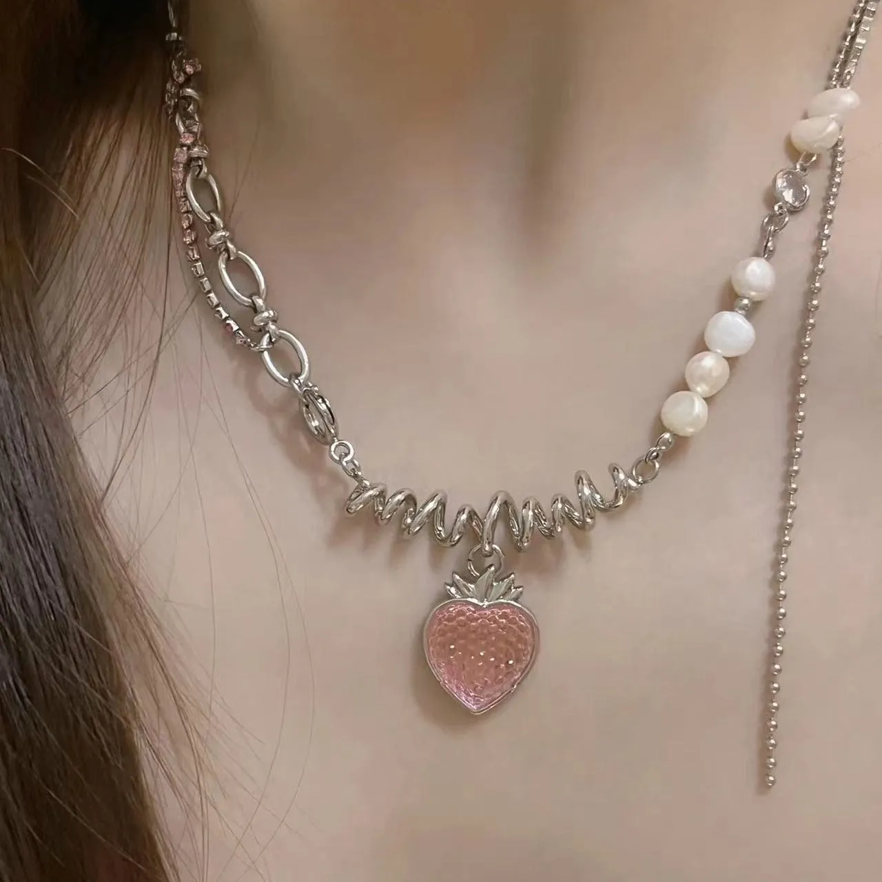 Chic CZ Inlaid Pink Strawberry Pendant Pearl Chain Choker Necklace