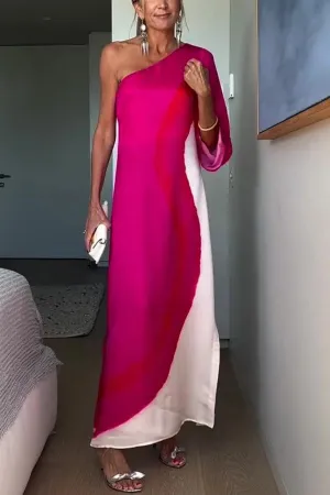 Contrast Print Elegant One-sleeve Slit Maxi Dress