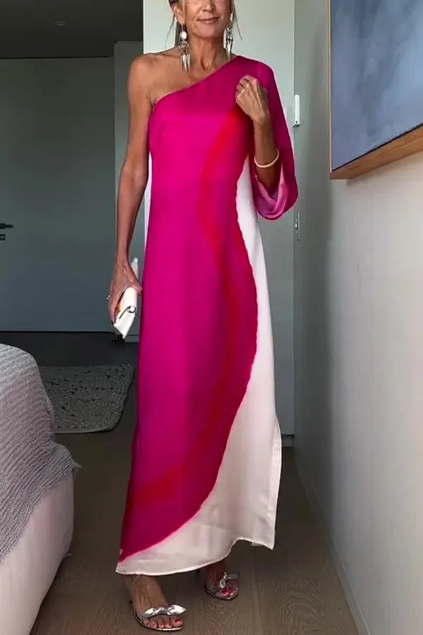Contrast Print Elegant One-sleeve Slit Maxi Dress