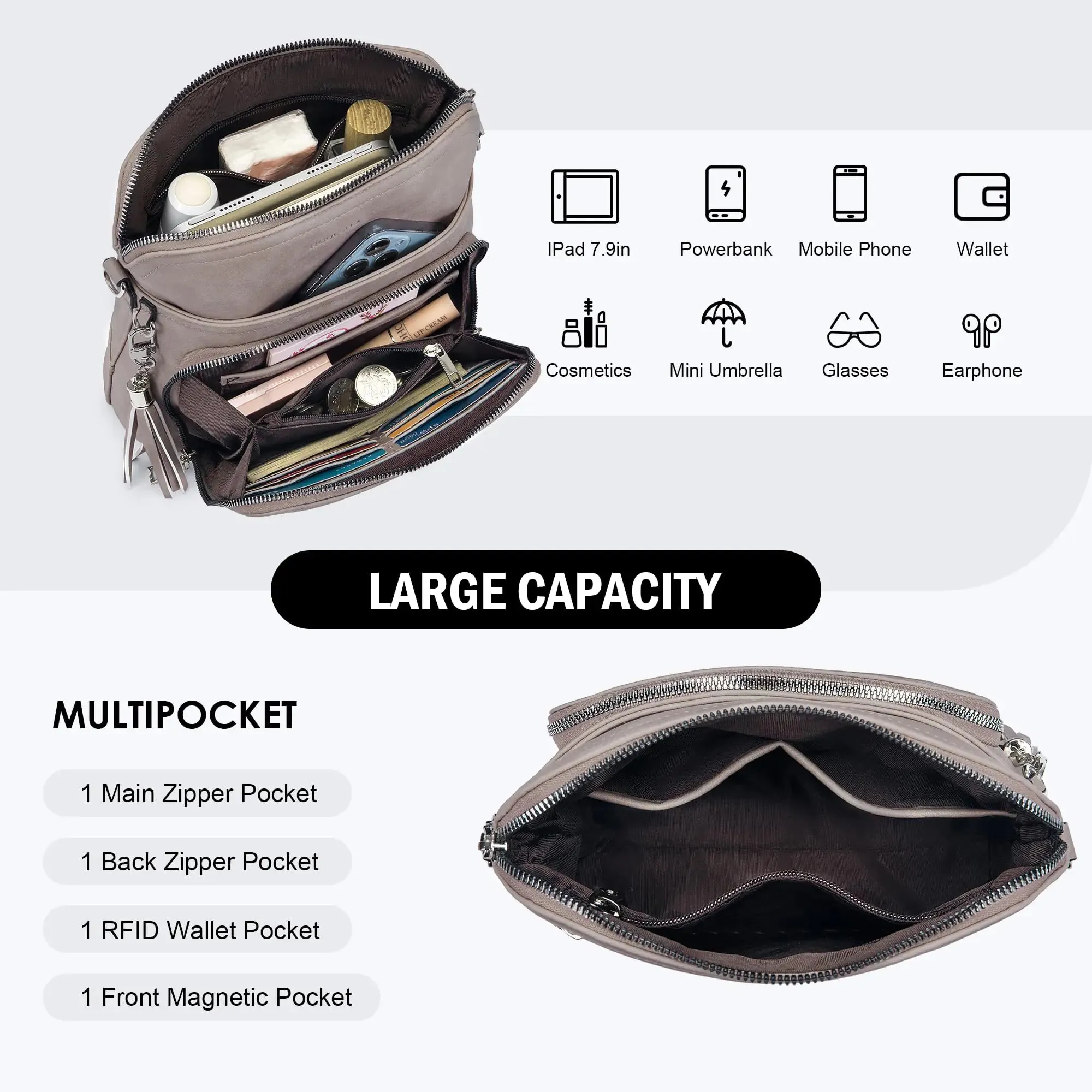 Crossbody Purse for Women,Lightweight Medium Crossbody Bag Soft Leather Women's Shoulder Handbags with Tassel Taupe