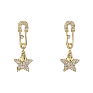 Cubic Zirconia & 18K Gold-Plated Safety Pin Star Drop Earrings