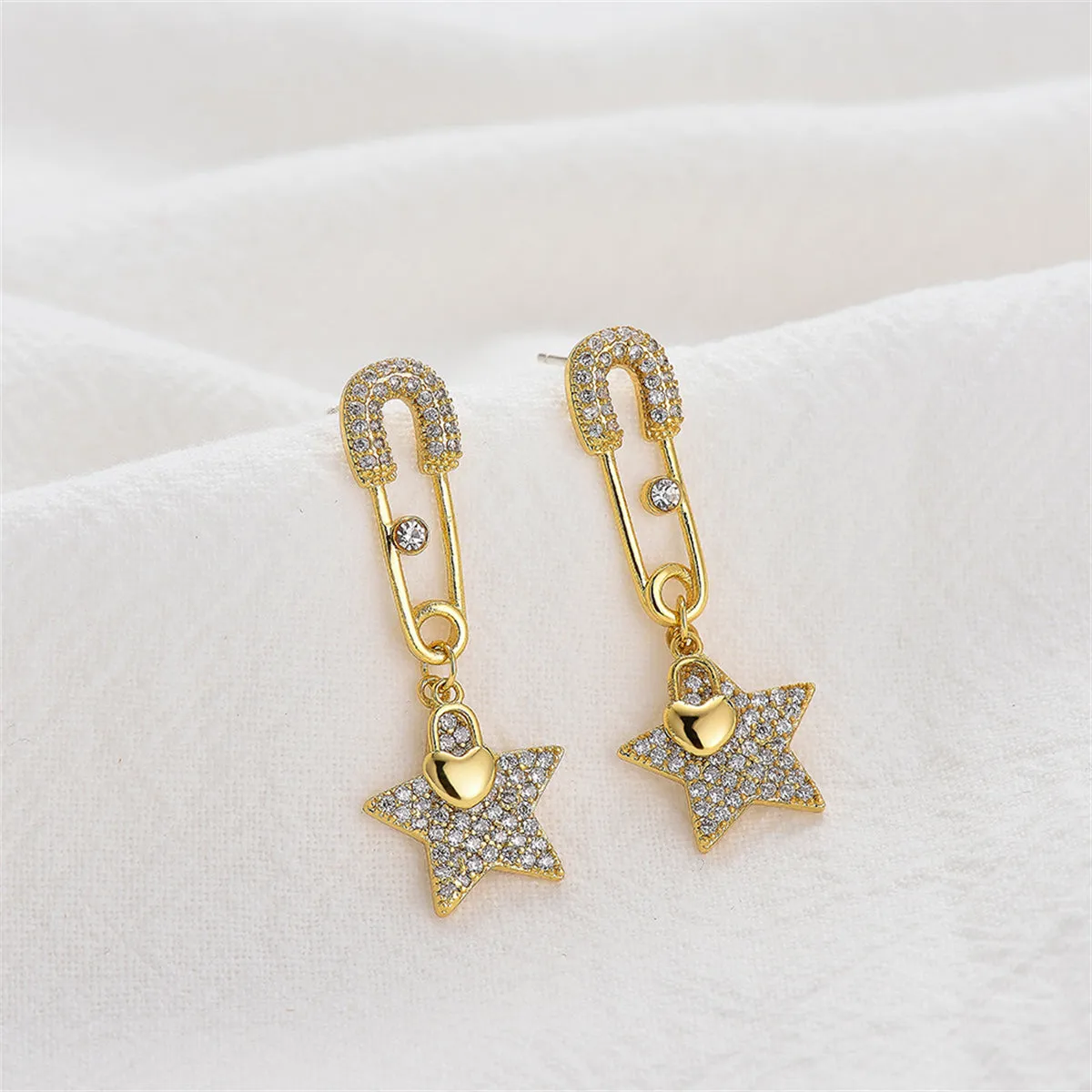 Cubic Zirconia & 18K Gold-Plated Safety Pin Star Drop Earrings
