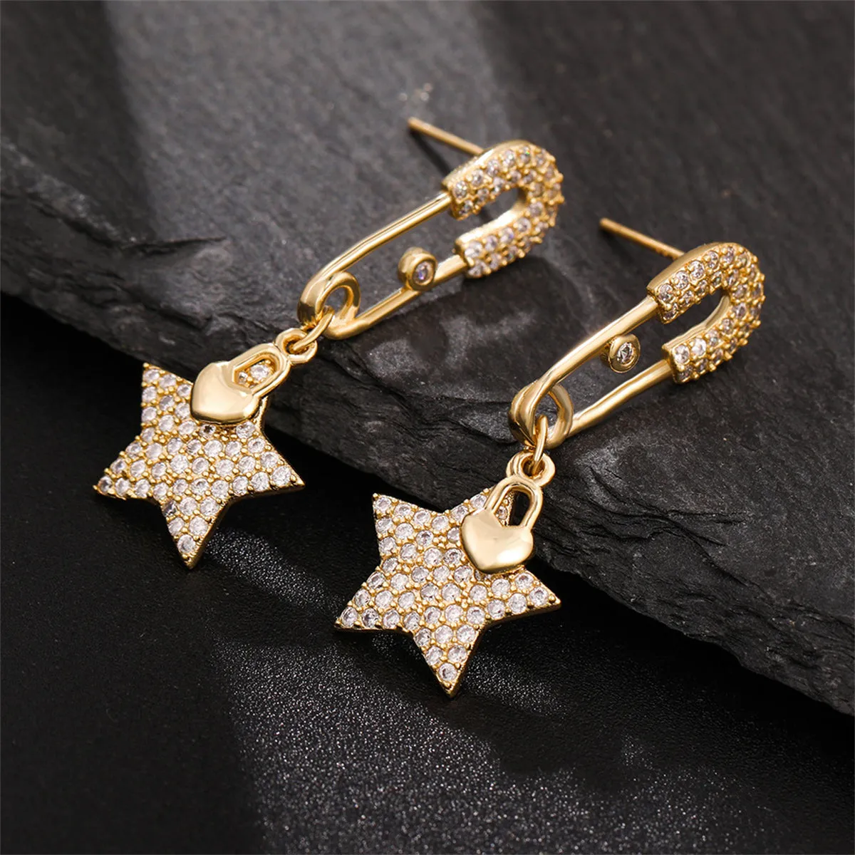 Cubic Zirconia & 18K Gold-Plated Safety Pin Star Drop Earrings