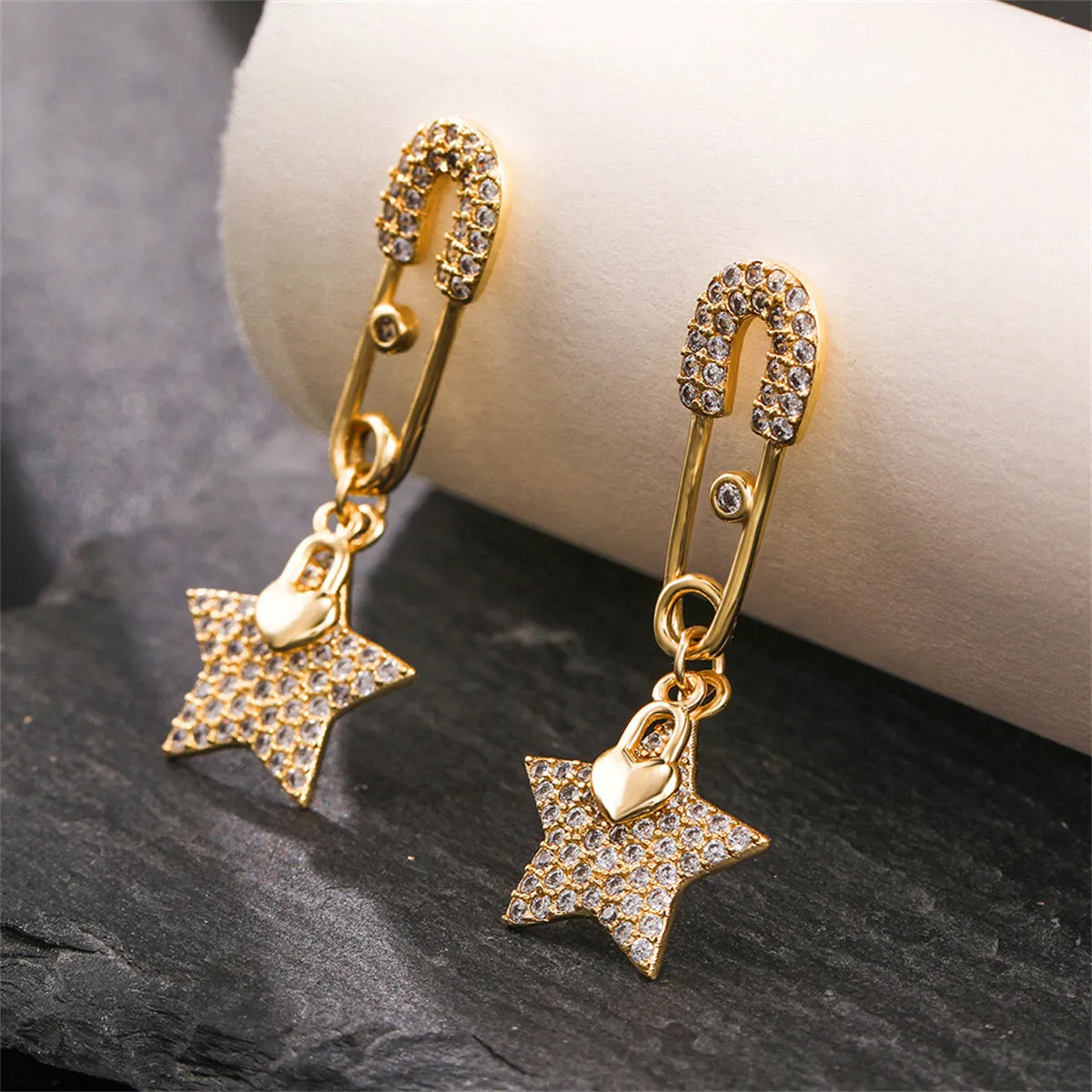 Cubic Zirconia & 18K Gold-Plated Safety Pin Star Drop Earrings
