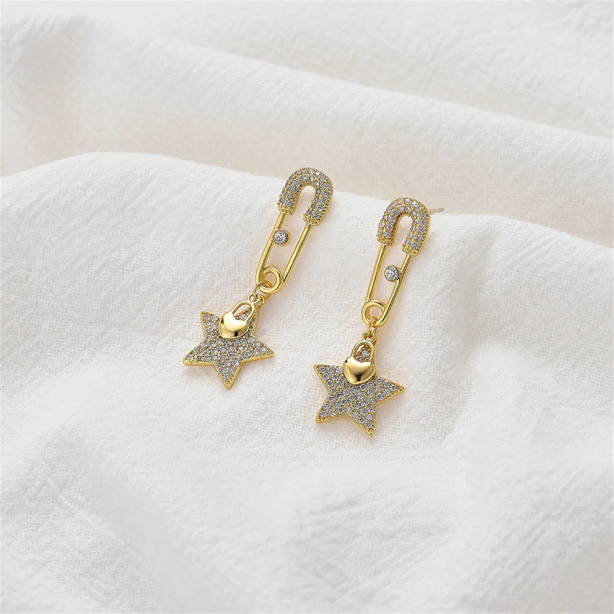 Cubic Zirconia & 18K Gold-Plated Safety Pin Star Drop Earrings