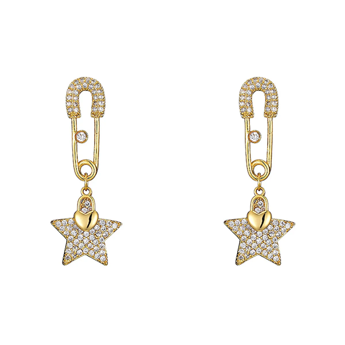 Cubic Zirconia & 18K Gold-Plated Safety Pin Star Drop Earrings