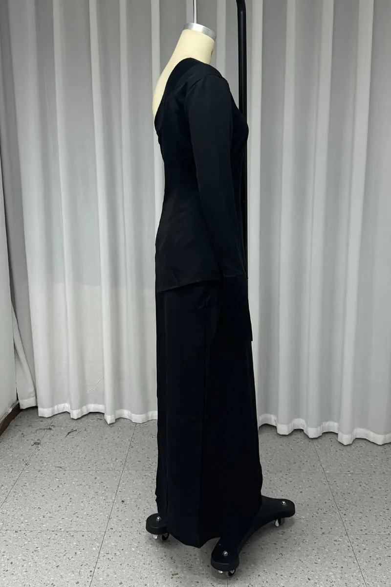 Elegant Buttons Slit Irregular Sloping Shoulder Long Sleeve Two Pieces