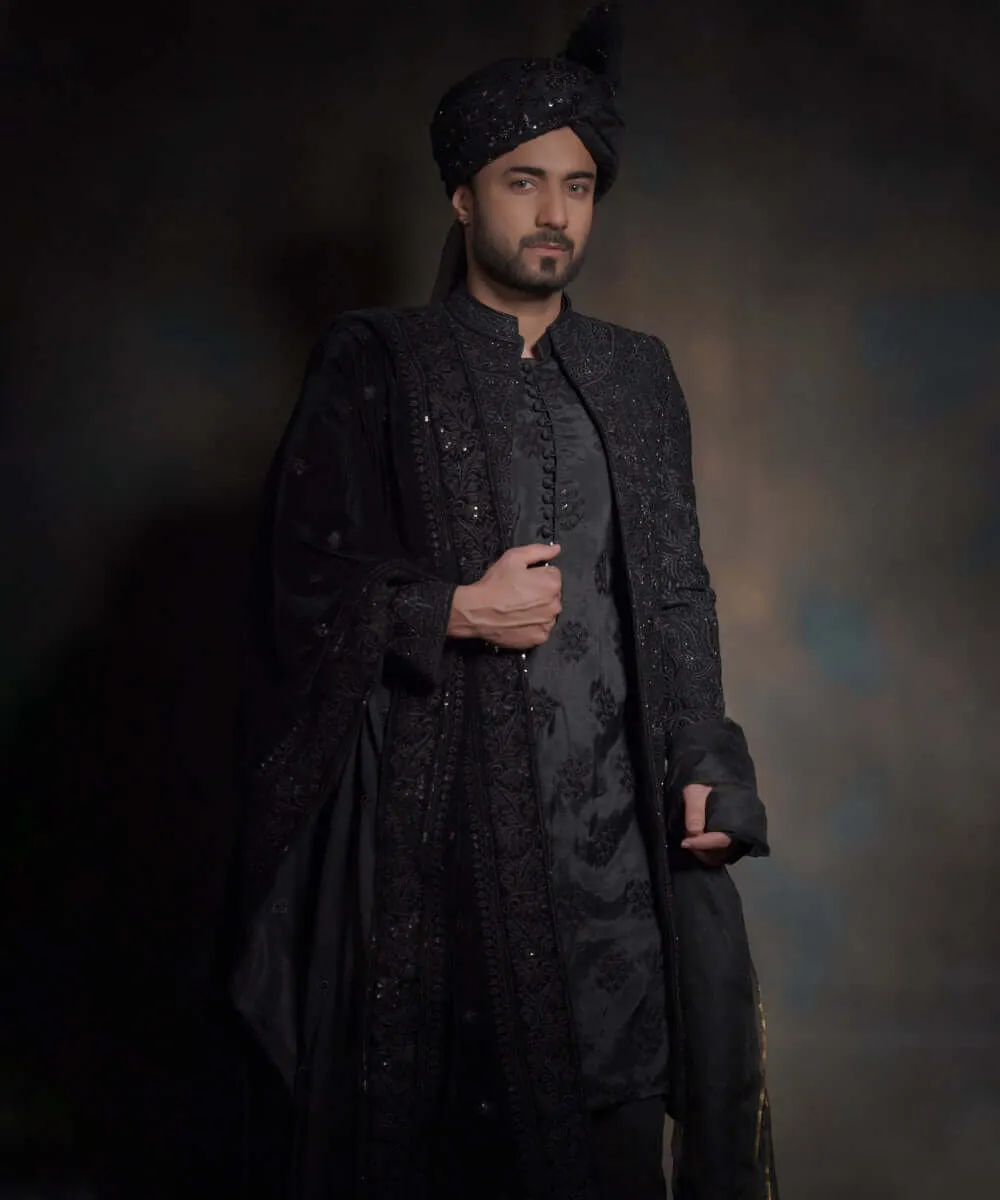 Elegant Jet Black Heavily Embroidered Pakistani Groom Sherwani